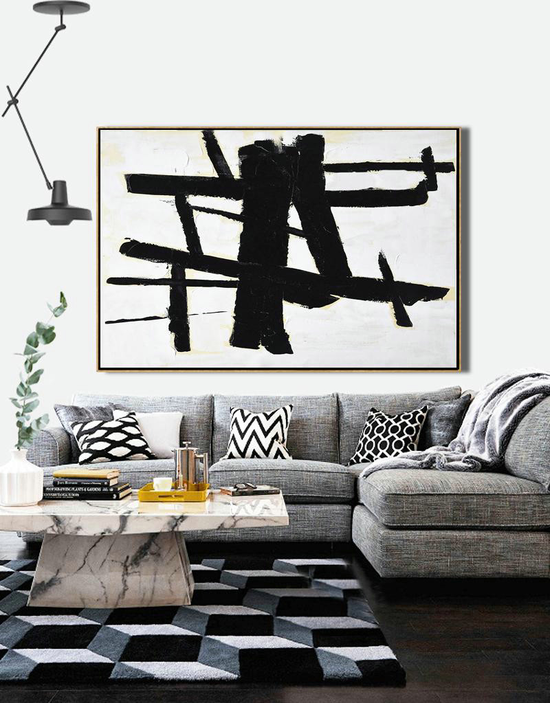 Large Colorful Wall Art,Horizontal Palette Knife Minimal Canvas Art Painting Black White Beige - Large Canvas Art,Modern Art Abstract Painting